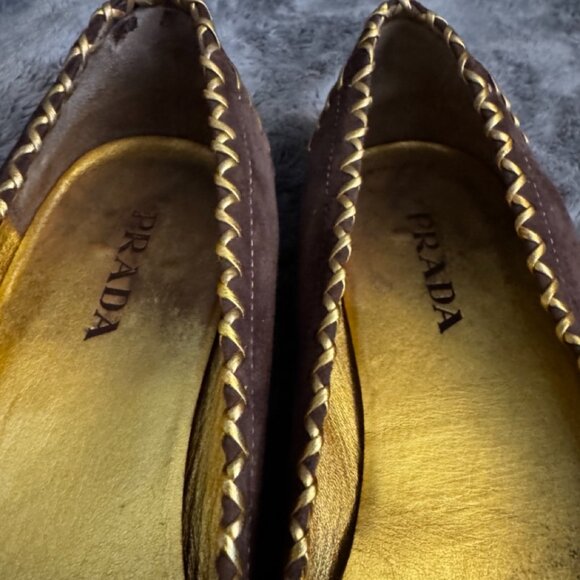 Authenticated Prada Peep Toe Ballet Flats Brown & Gold Size 39.5 / US 9.5 - Picture 13 of 16